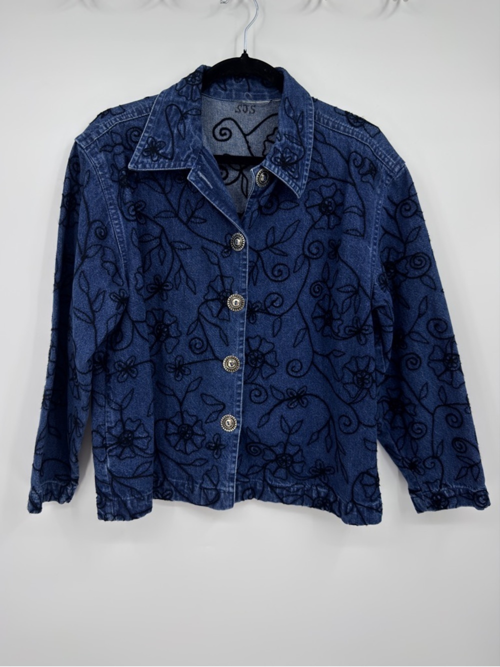 Vintage Style Embroidered Denim Jacket Floral Boho Medium
